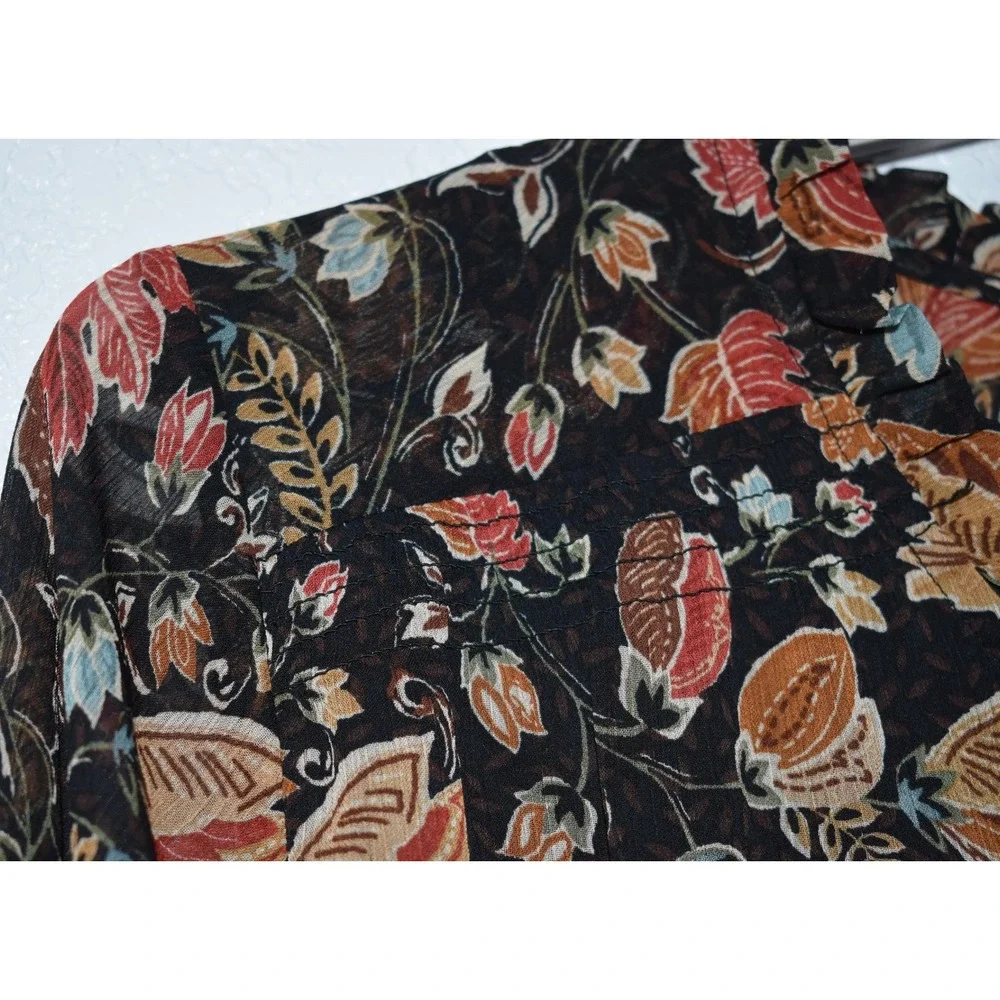 CJ Banks 3X Button Front V-Neck Blouse Long Sleeve Autumn Floral Leaf Print Top